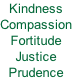 Kindness
Compassion
Fortitude
Justice
Prudence
